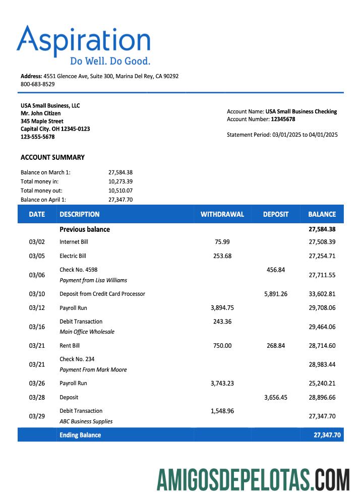 Em branco USA Aspirationfirm Extrato de conta modelo Word e PDF